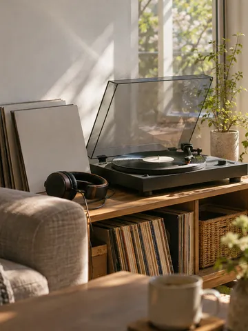 日当たりのよい部屋のレコードプレーヤーとレコード