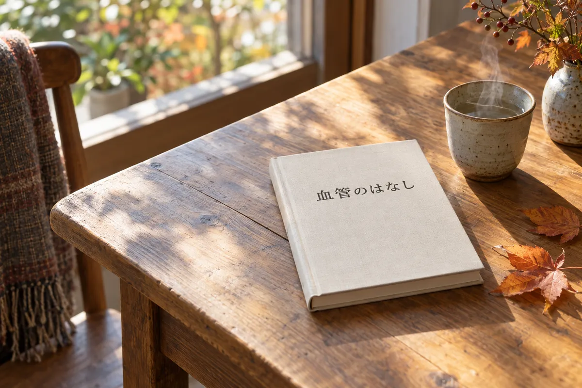 「血管のはなし」と書かれた本と白湯のカップ
