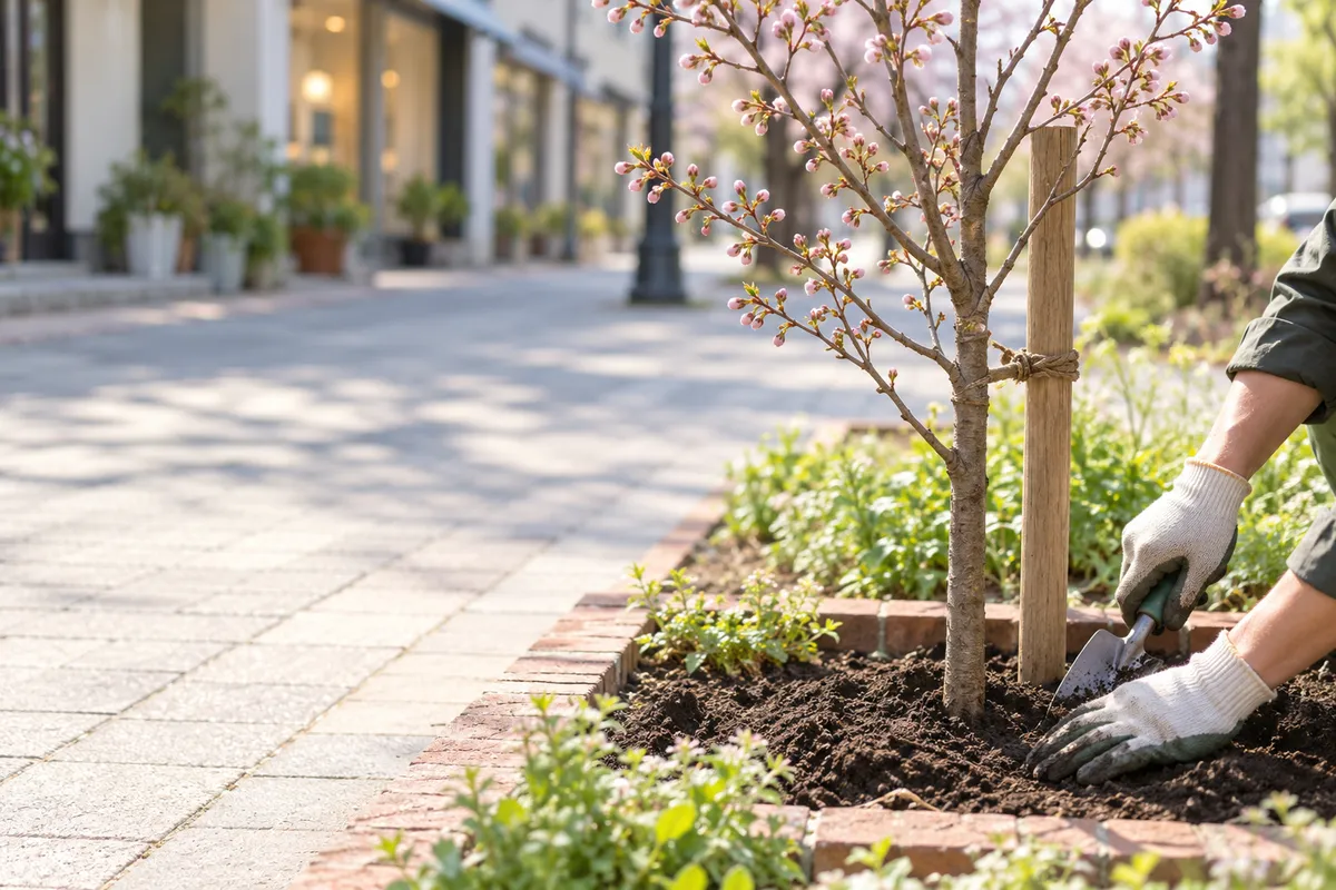 街角の植え込みに植えられた桜の若木と土を整える手元