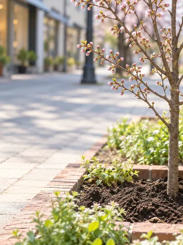街角の植え込みに植えられた桜の若木と土を整える手元