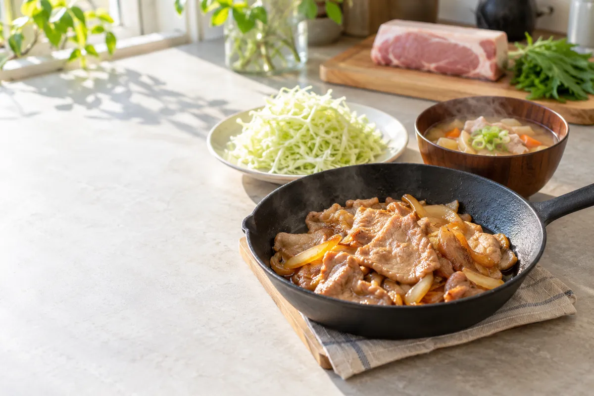 台所の調理台に並ぶ豚の生姜焼きと豚汁