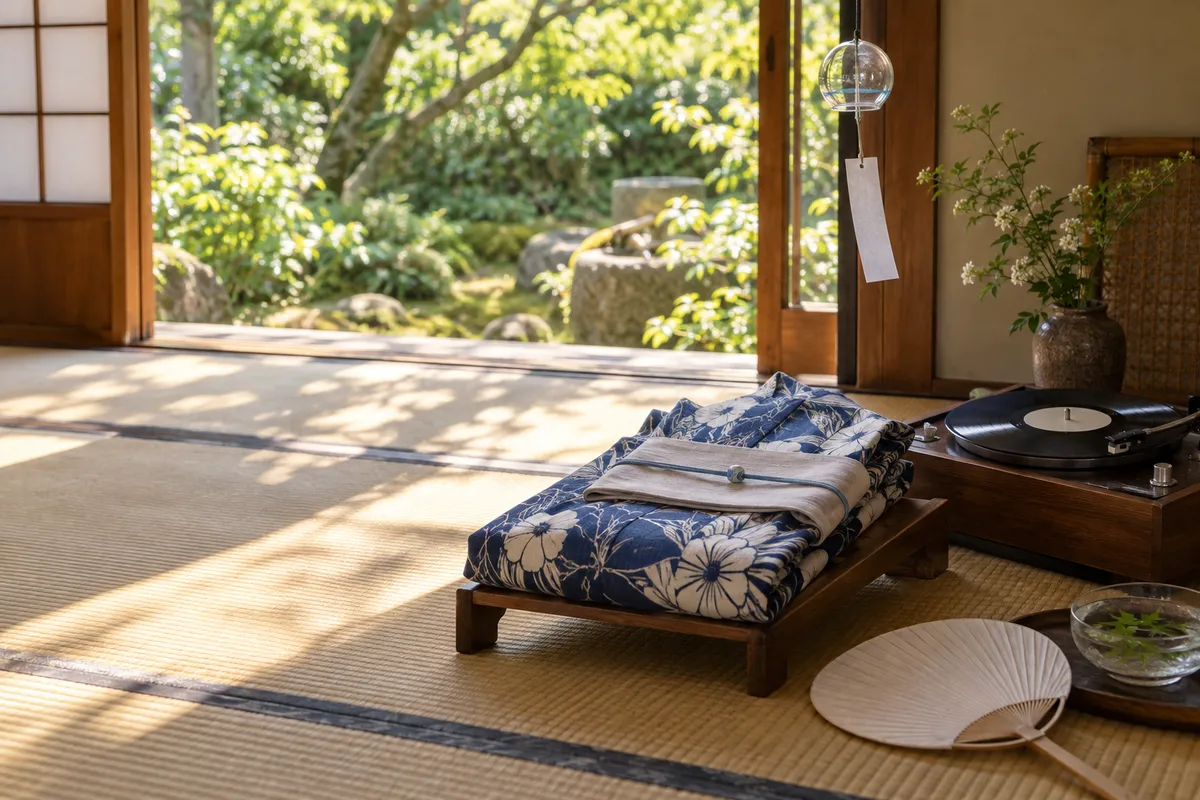 畳の部屋に置かれた夏の着物とレコードプレーヤー