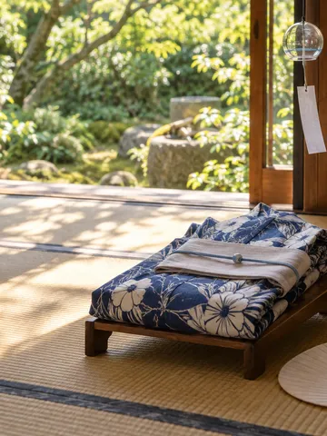 畳の部屋に置かれた夏の着物とレコードプレーヤー