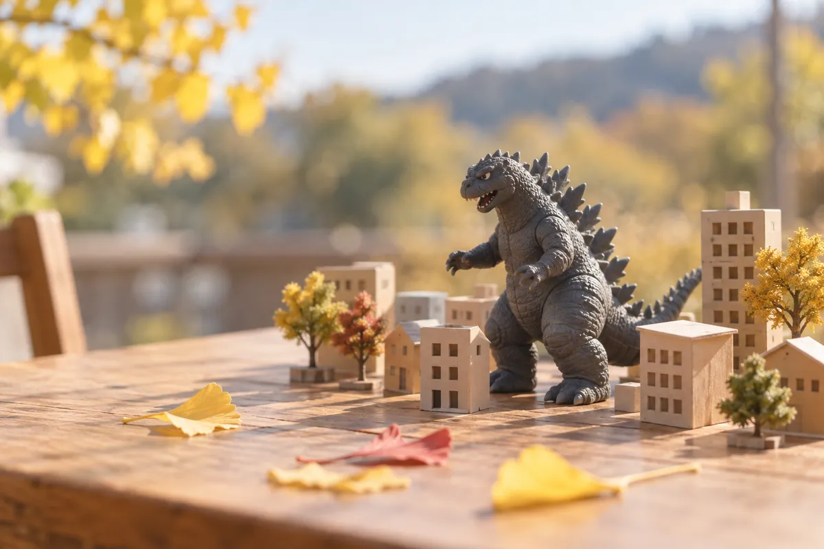 ミニチュアの街を歩く怪獣のおもちゃ