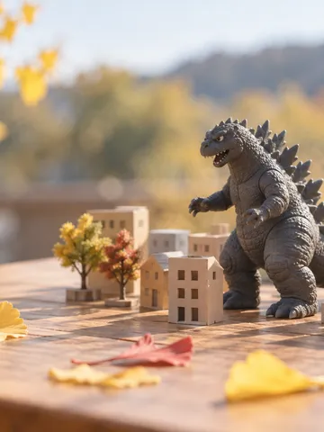 ミニチュアの街を歩く怪獣のおもちゃ
