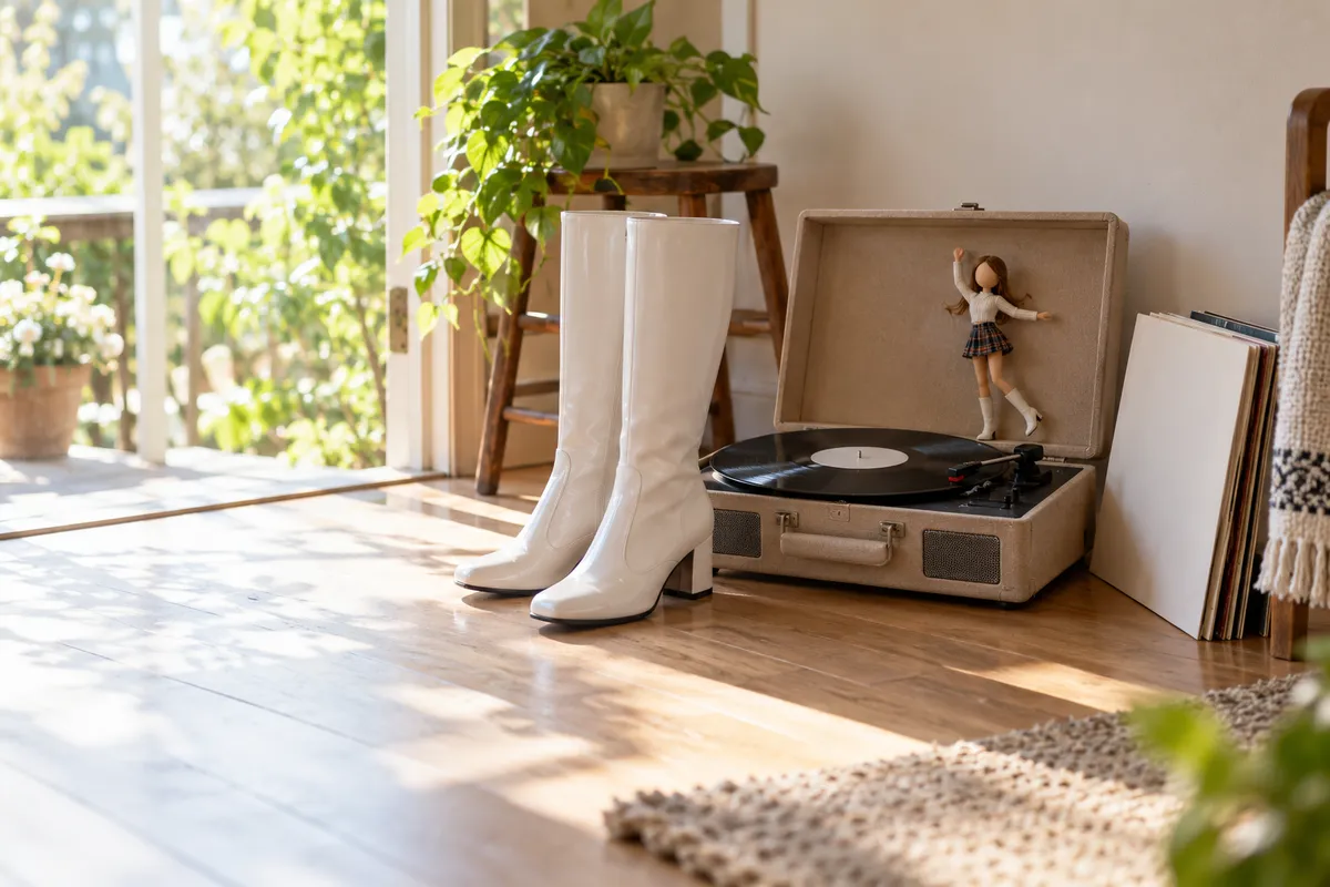 レコードプレーヤーと白いブーツ、踊る人形