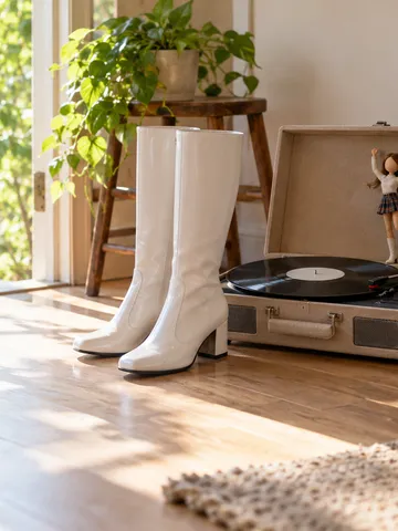 レコードプレーヤーと白いブーツ、踊る人形