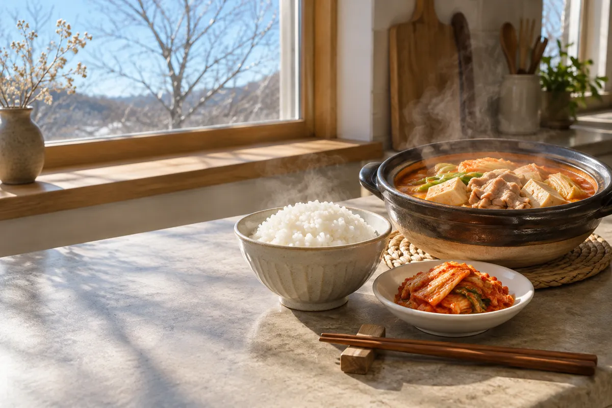 ご飯とキムチ、キムチ鍋が並ぶ台所