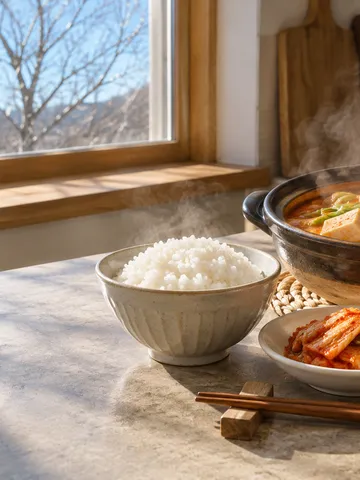 ご飯とキムチ、キムチ鍋が並ぶ台所