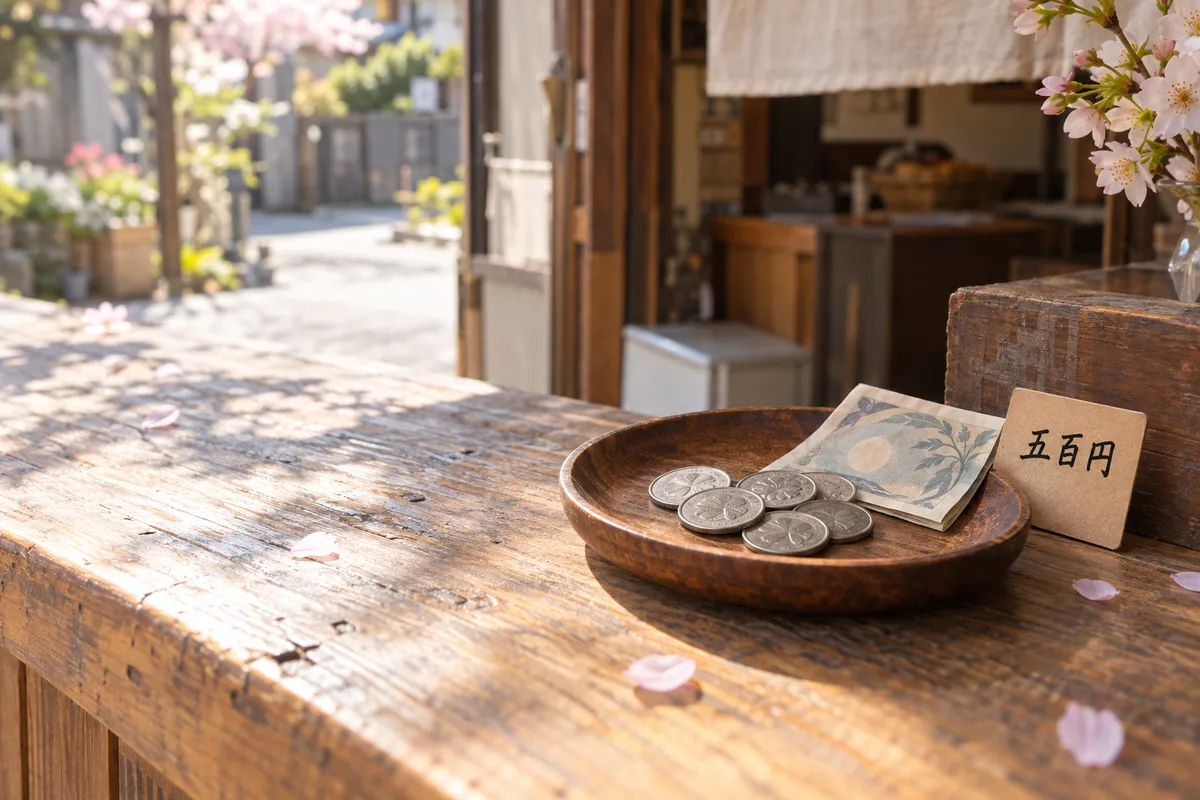 木のトレーにある硬貨と紙幣、「五百円」の札
