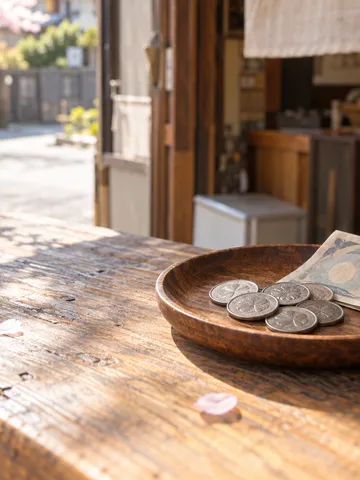 木のトレーにある硬貨と紙幣、「五百円」の札
