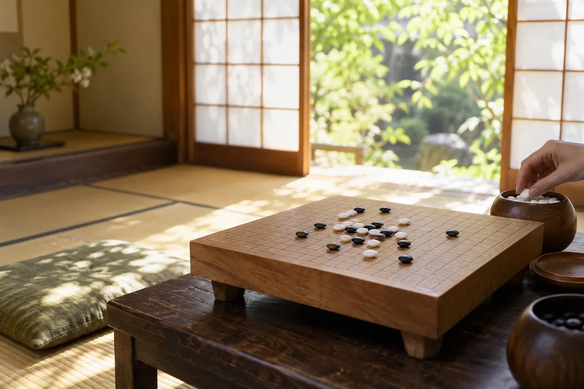 畳の部屋で碁盤に白石と黒石が並ぶ様子
