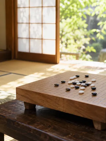 畳の部屋で碁盤に白石と黒石が並ぶ様子