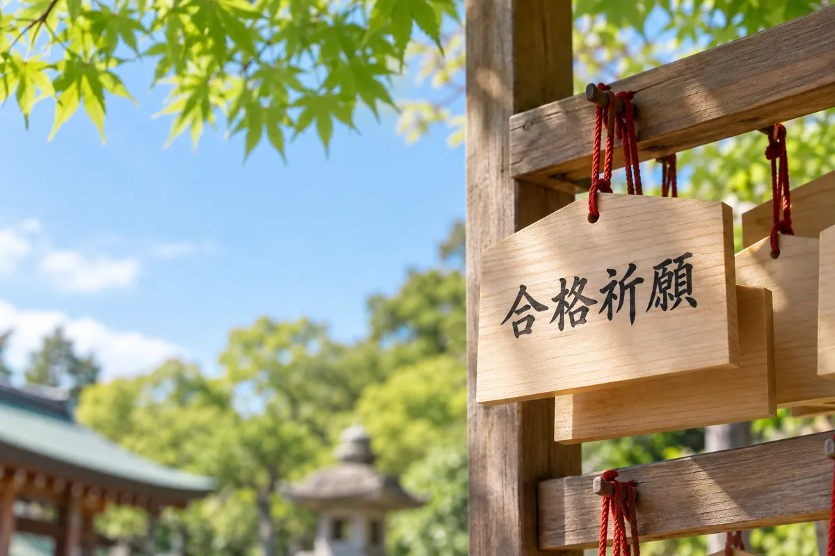 「合格祈願」と書かれた絵馬と新緑