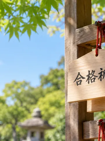 「合格祈願」と書かれた絵馬と新緑