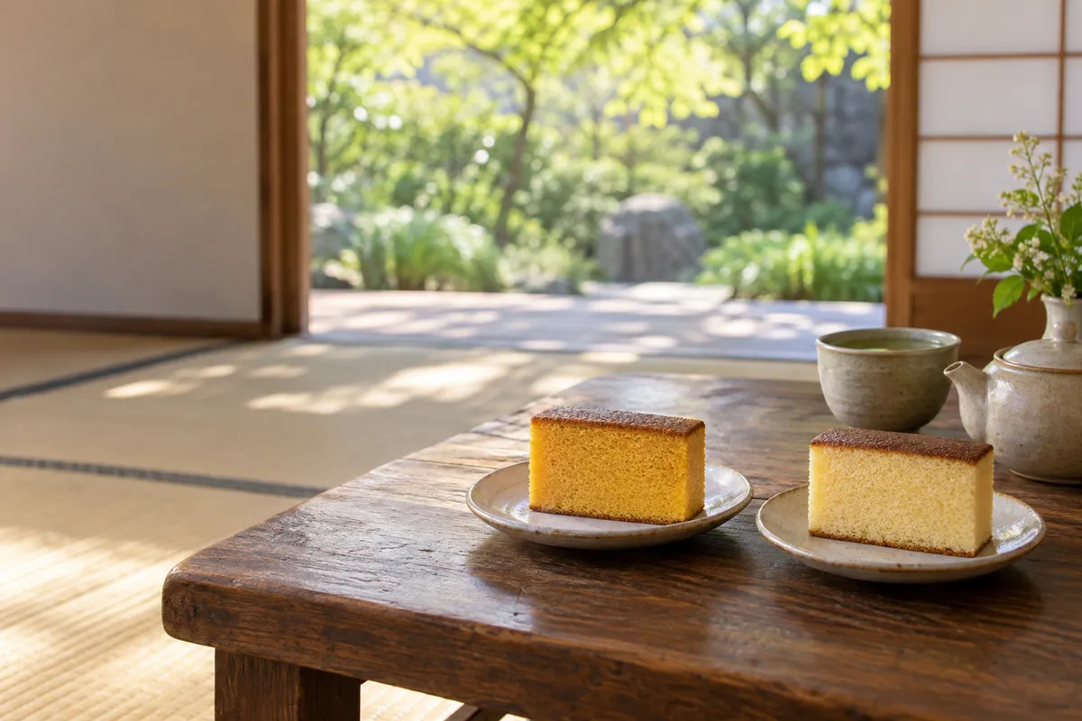 縁側で並べた二切れのカステラとお茶