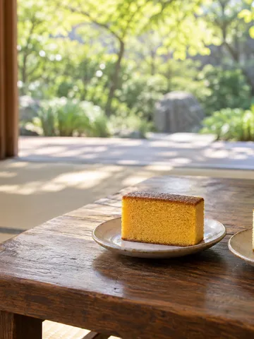 縁側で並べた二切れのカステラとお茶