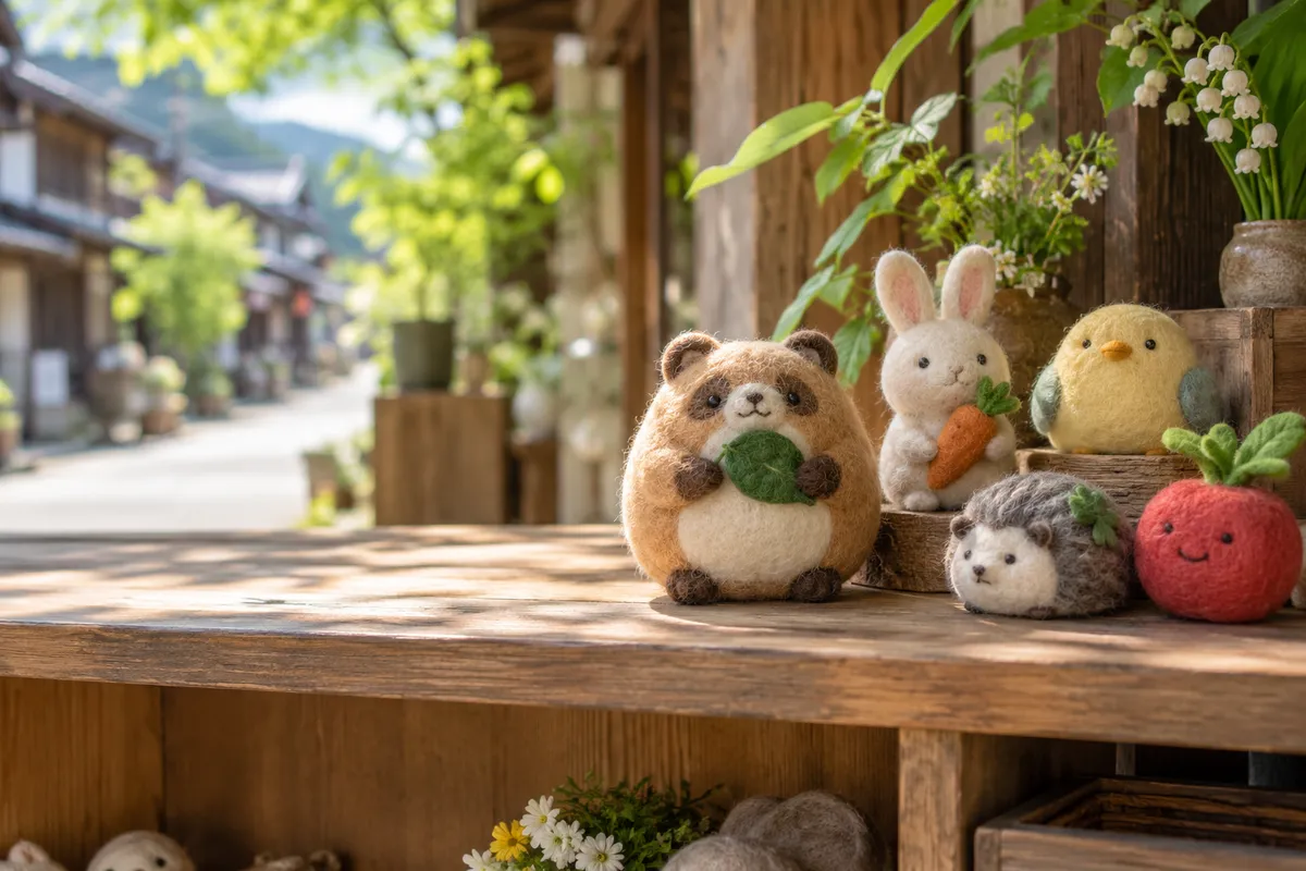 店先の棚に並ぶ手作りのご当地キャラ人形