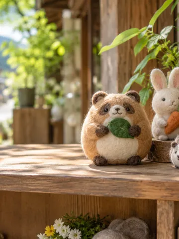 店先の棚に並ぶ手作りのご当地キャラ人形