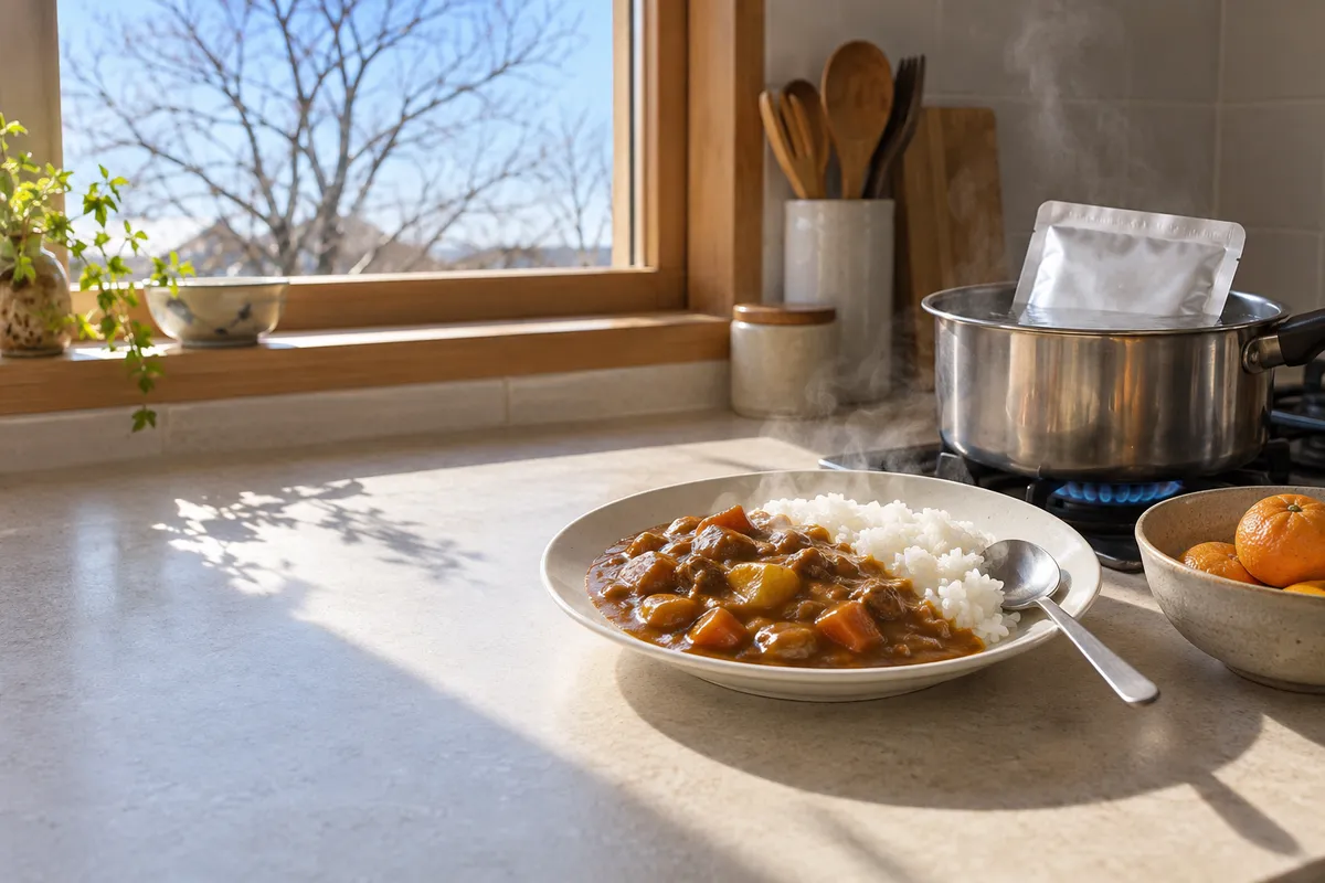 湯せんの鍋と湯気の立つカレーライスの台所