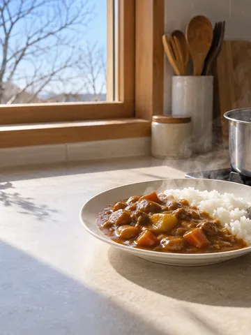 湯せんの鍋と湯気の立つカレーライスの台所