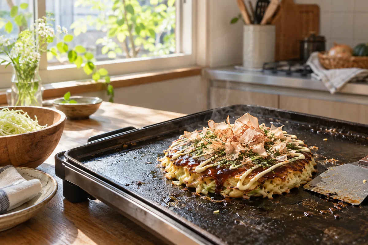 鉄板で焼き上がったお好み焼きとキャベツ