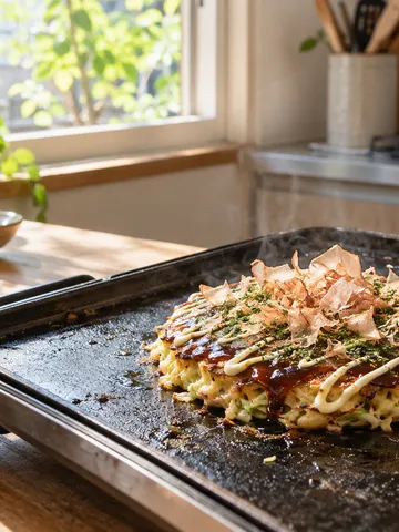 鉄板で焼き上がったお好み焼きとキャベツ