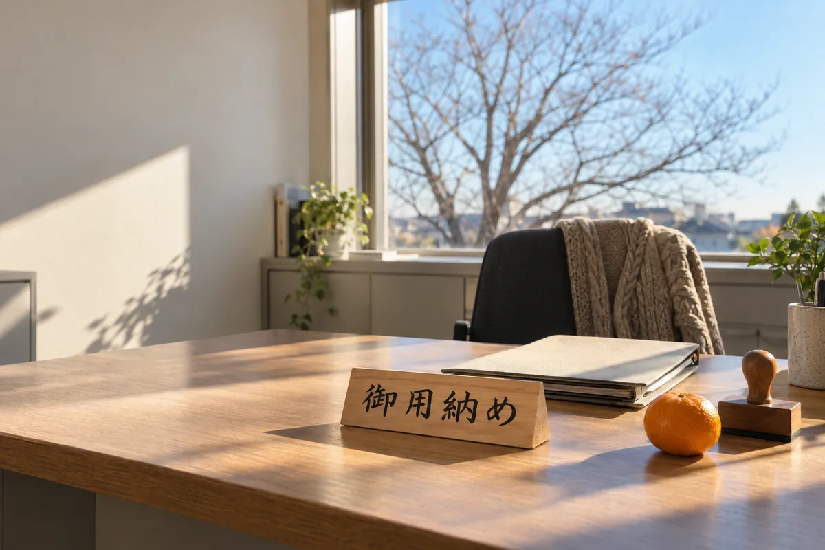 日なたの事務机に置かれた「御用納め」の木札