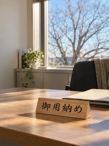 日なたの事務机に置かれた「御用納め」の木札
