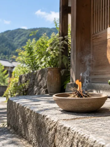 京都の家の門口で焚く送り火と、きゅうりの馬となすの牛