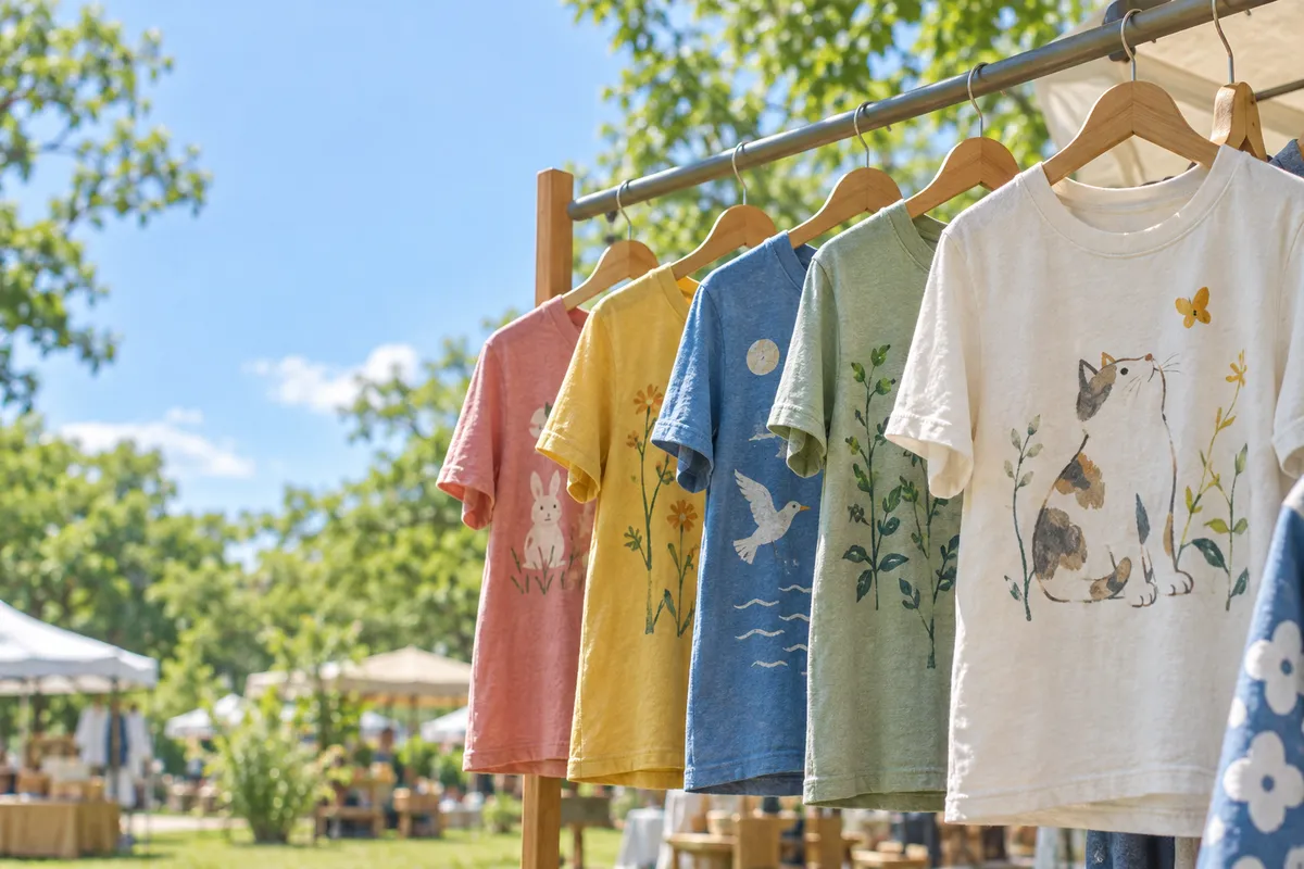 夏の日差しの下、屋外の物干しに並ぶ絵柄入りTシャツ