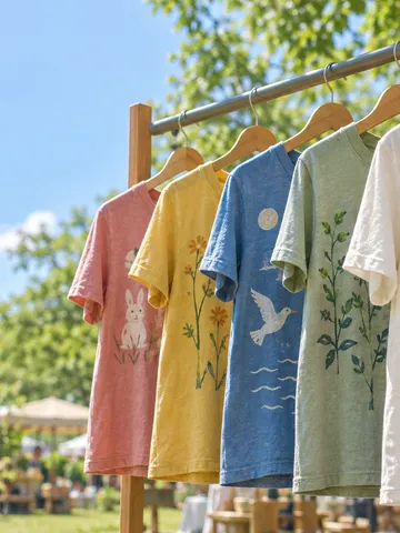 夏の日差しの下、屋外の物干しに並ぶ絵柄入りTシャツ