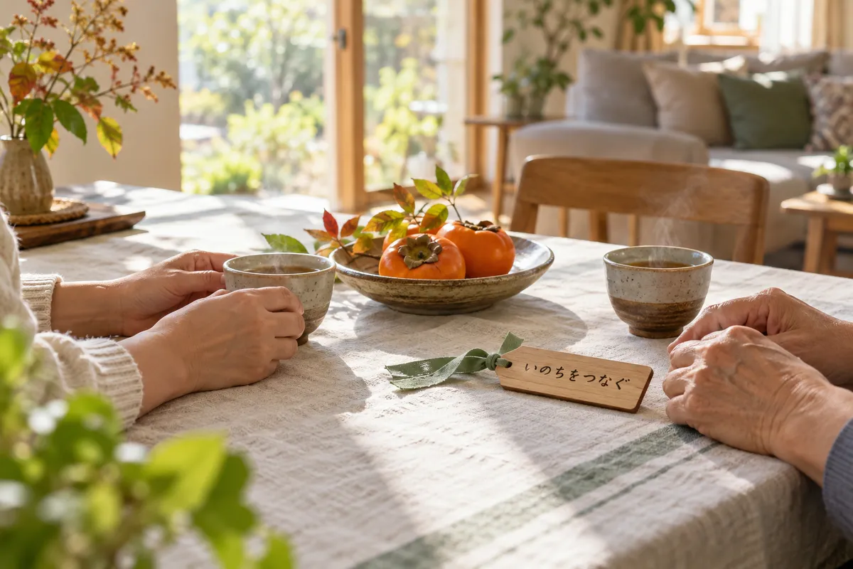 緑のリボンの付いた木札と、お茶を囲む家族の手元