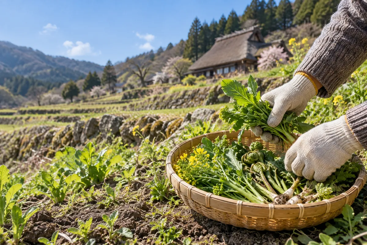 春の畑で野菜を収穫して籠に入れる手元
