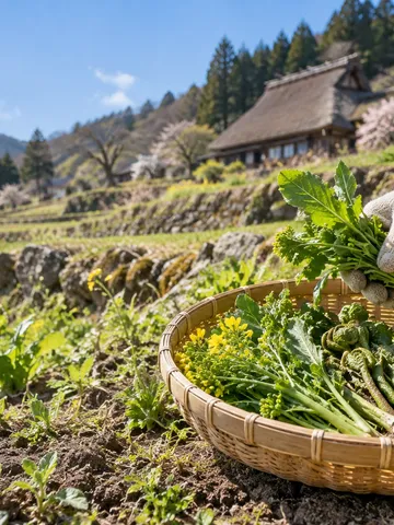 春の畑で野菜を収穫して籠に入れる手元