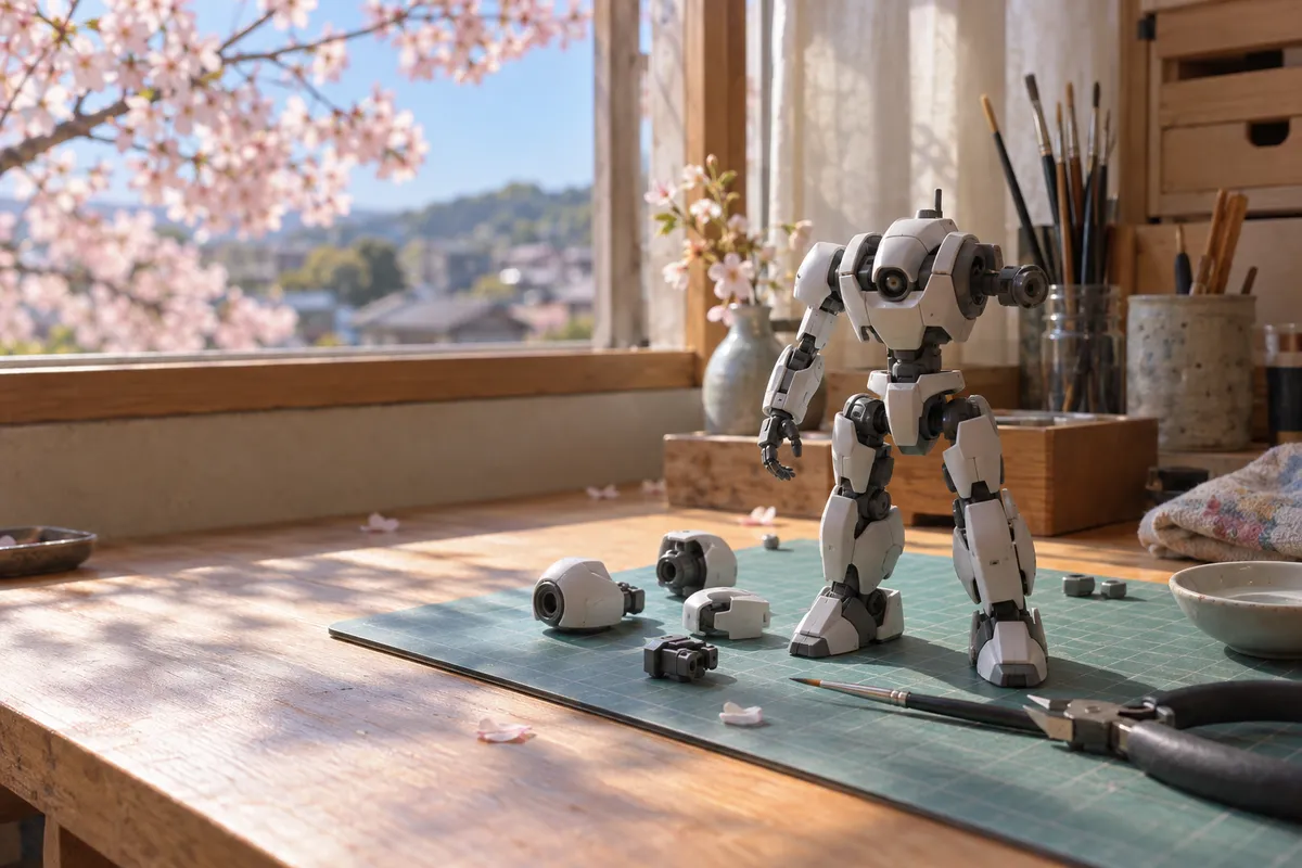 春の日差しの作業台で組み立て中のロボット模型