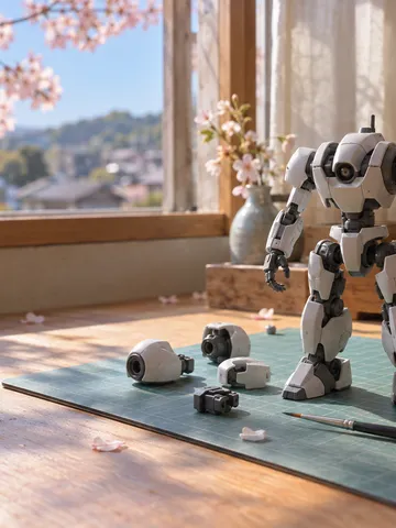 春の日差しの作業台で組み立て中のロボット模型