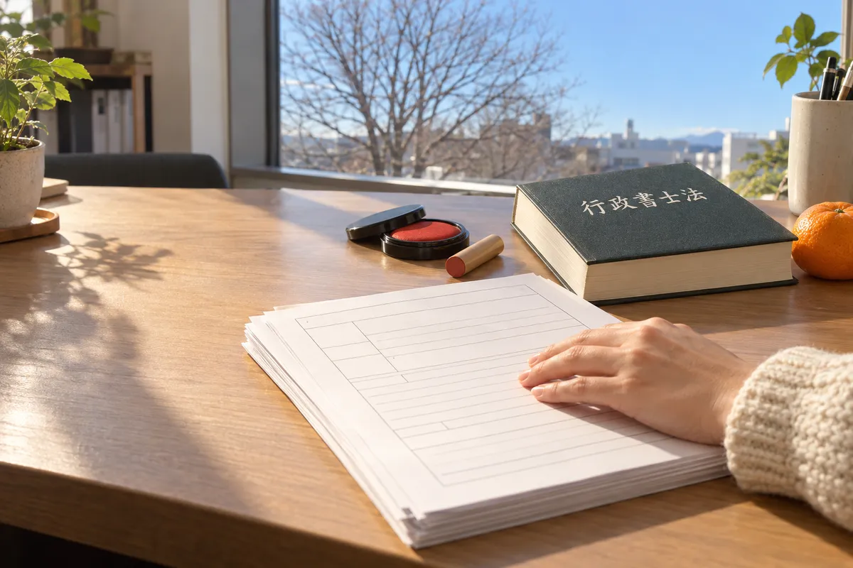 日なたの事務机に置かれた申請書類と印鑑、法律の本