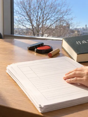 日なたの事務机に置かれた申請書類と印鑑、法律の本