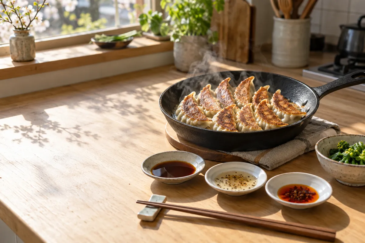 フライパンで焼いた餃子と三種のたれ
