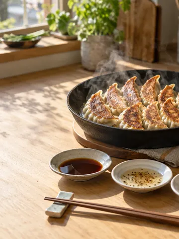 フライパンで焼いた餃子と三種のたれ