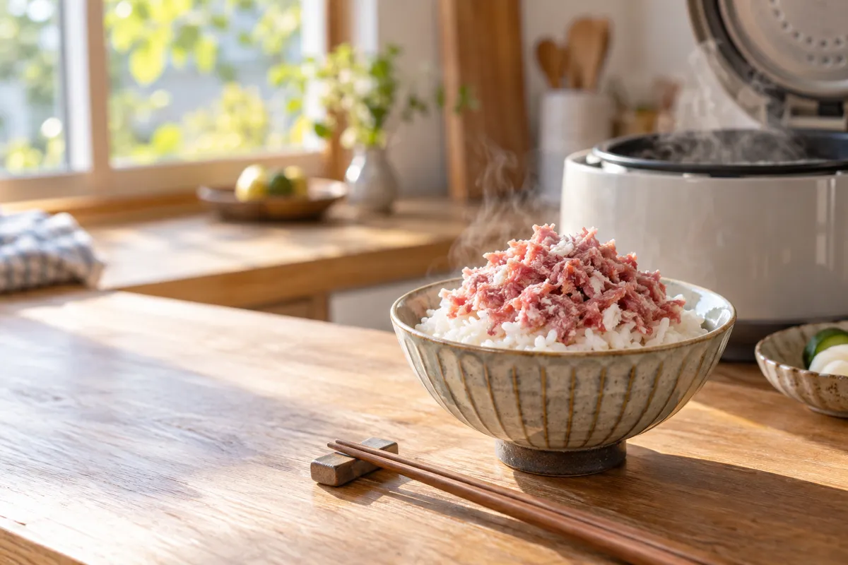 炊きたてご飯にのった牛そぼろ風の丼と箸