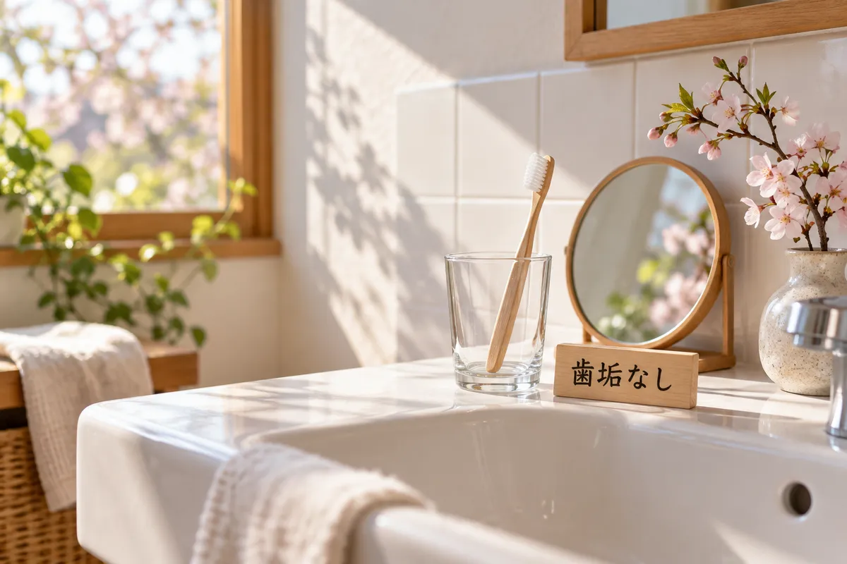 洗面台の歯ブラシと「歯垢なし」の木の札
