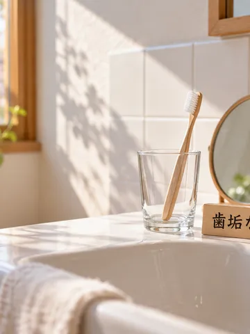 洗面台の歯ブラシと「歯垢なし」の木の札