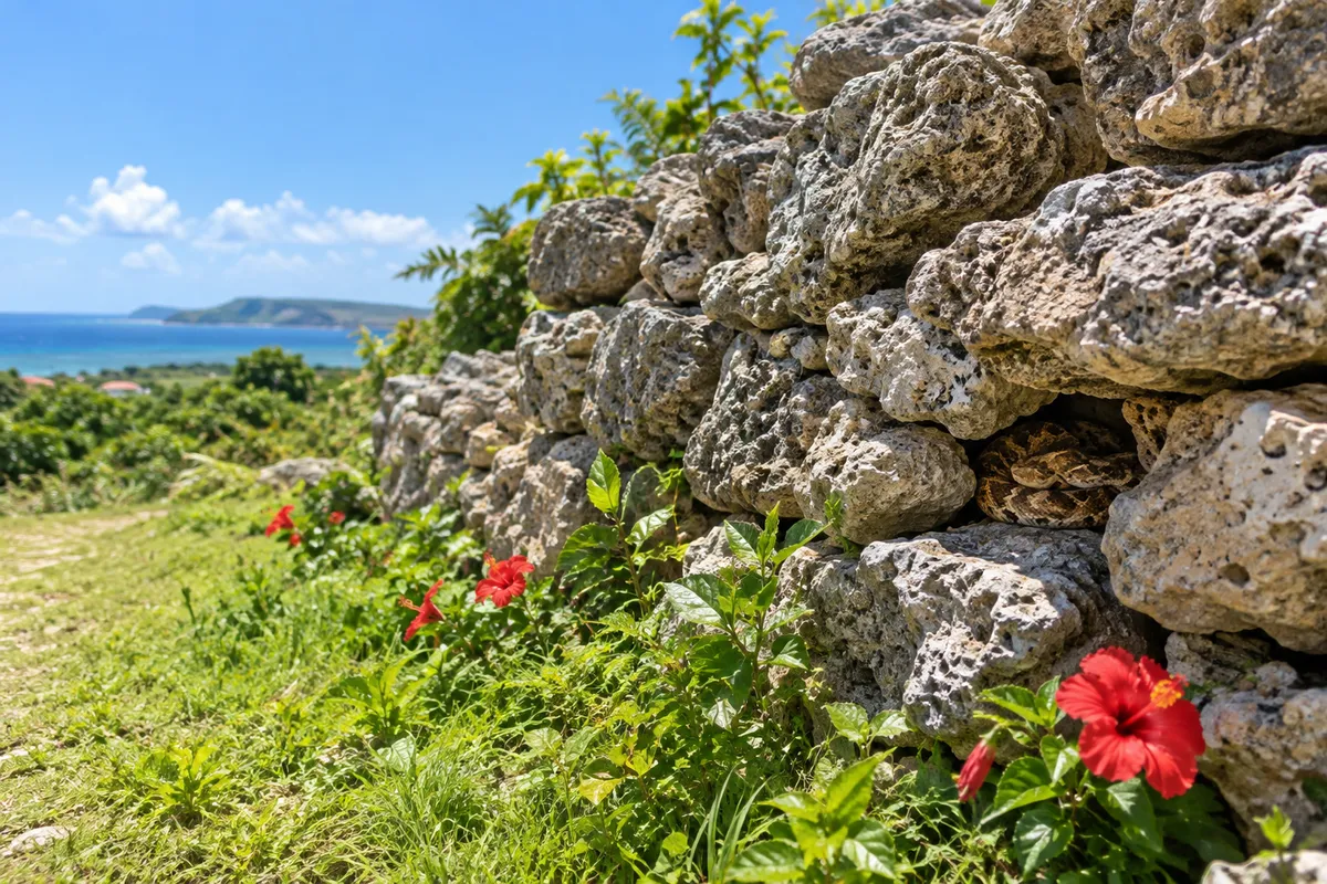 石垣のすき間で休むハブと夏の日差し
