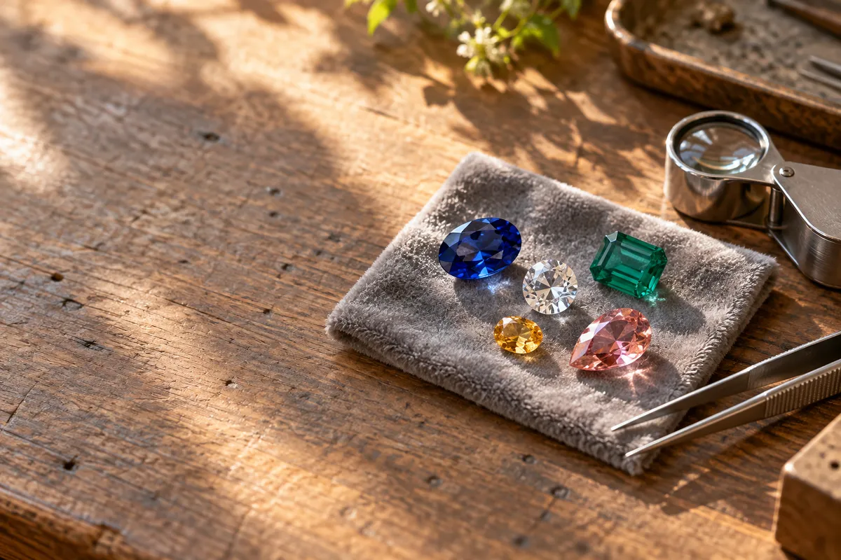 作業台のビロード上に並ぶ裸石のルース
