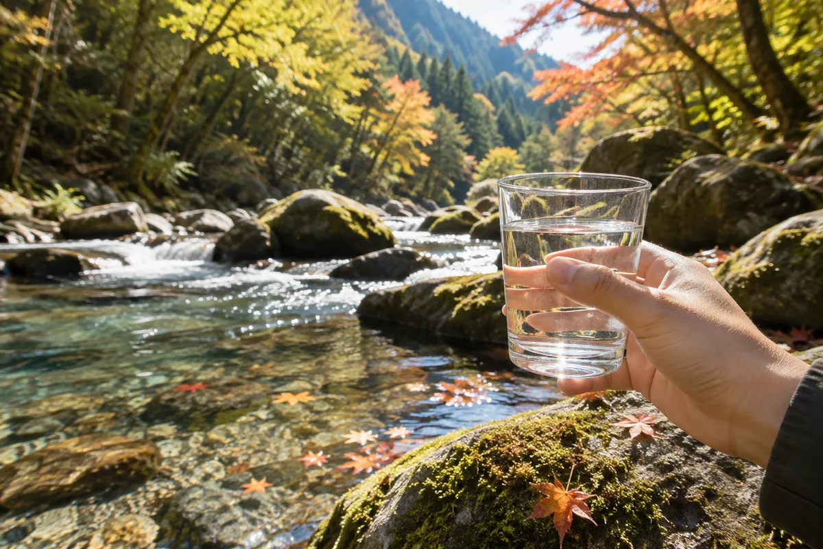 丹沢の森の澄んだ湧き水と手に持つ水のグラス