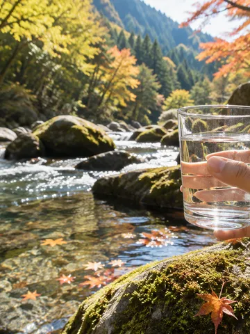 丹沢の森の澄んだ湧き水と手に持つ水のグラス
