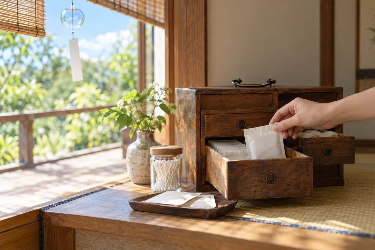 夏の明るい居間に置かれた木の薬箱と手元