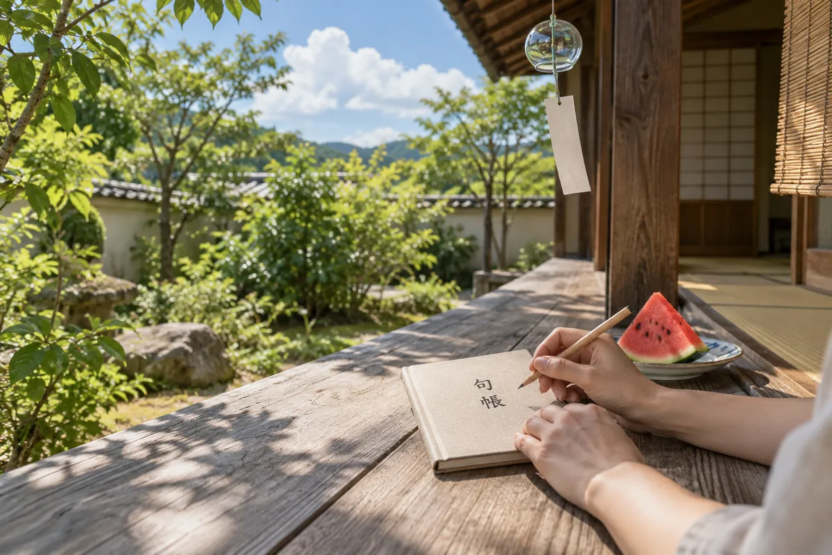 縁側で句帳を手にする夏の昼の情景